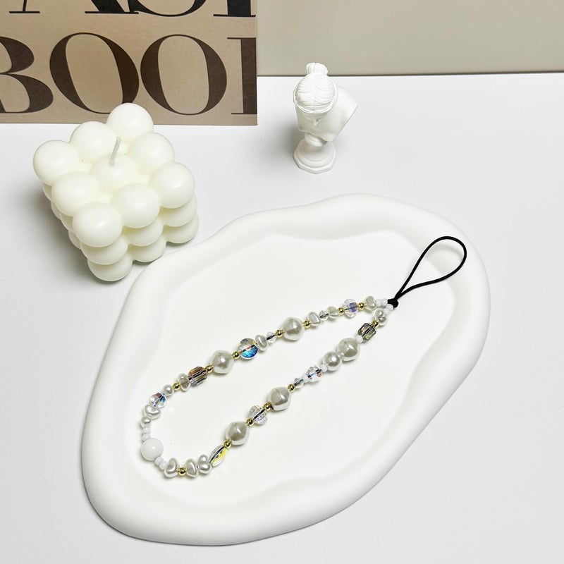 WCCH Beaded Phone Charm Y2K Kawaii Handmade Acrylic Phone Lanyard Wrist Strap for Camera Bag Airpods Keychain Charm Crystal White Pearl - Image 2